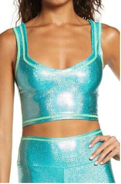NWT The Mighty Company Glitter Crop Tank Top Ocean Blue Green Metallic Small